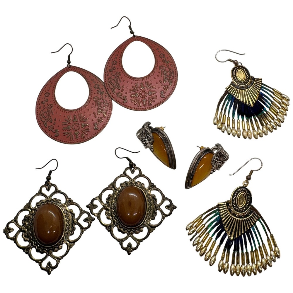 Boho Statement Earring Lot 4 Pairs Peacock Feather Filigree Copper Hoops Best